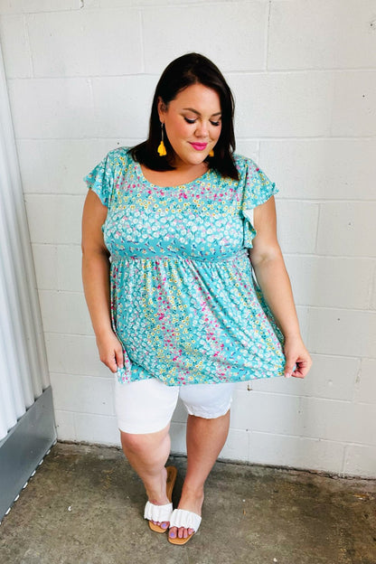 Turquoise Floral Stripe Babydoll Top - Bitsy Gypsy Boutique
