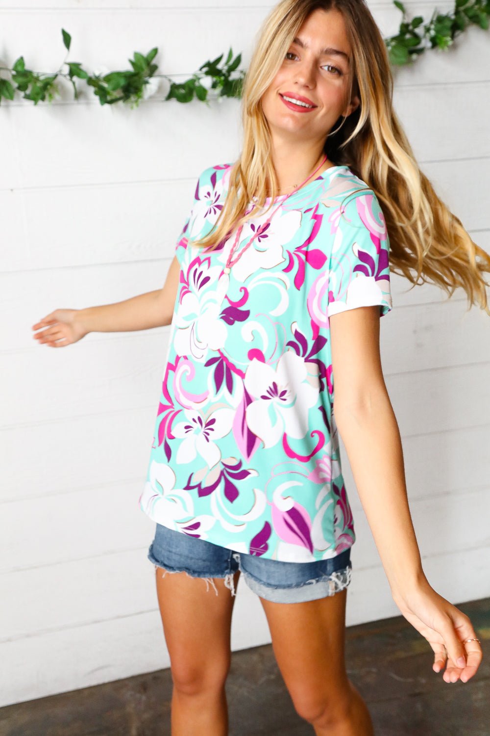 Turquoise & Purple Flat Floral Print Top - Bitsy Gypsy Boutique