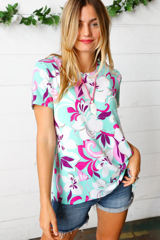 Turquoise & Purple Flat Floral Print Top - Bitsy Gypsy Boutique