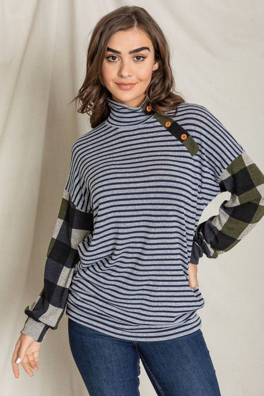 Turtle Neck Checker Sleeve Tunic - Bitsy Gypsy Boutique