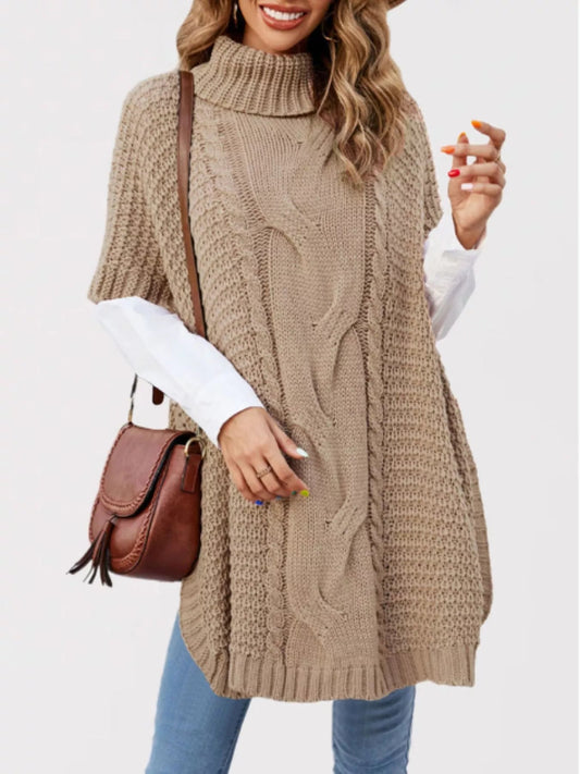 Turtleneck Cable-Knit Short Sleeve Oversized Sweater - Bitsy Gypsy Boutique