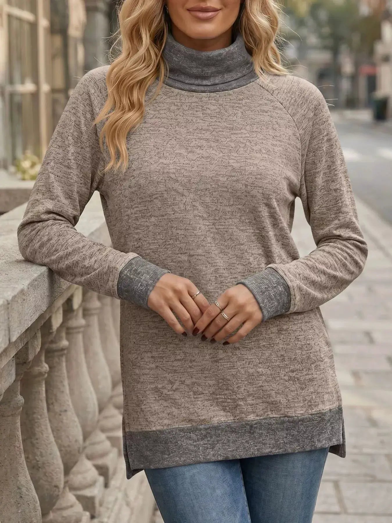 Turtleneck Raglan Sleeve T-Shirt by Trendsi
