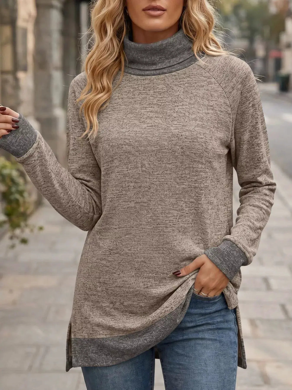 Turtleneck Raglan Sleeve T-Shirt by Trendsi