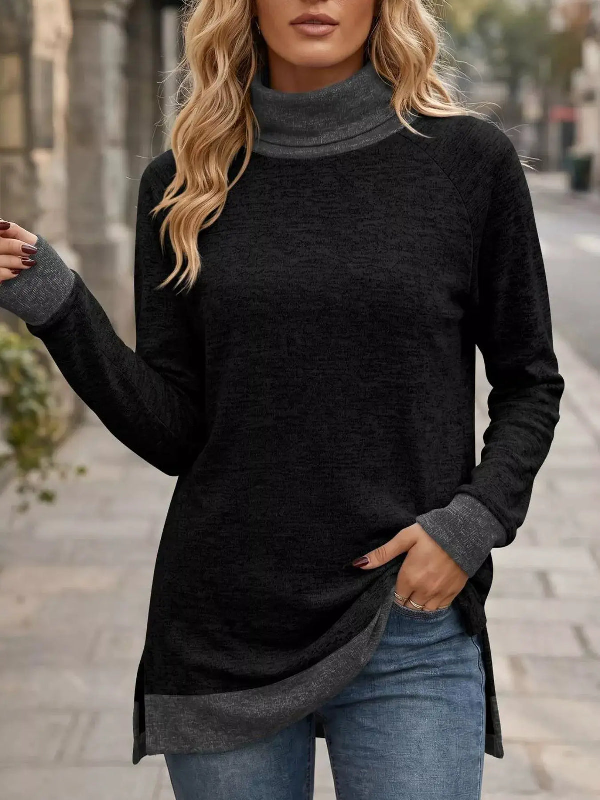 Turtleneck Raglan Sleeve T-Shirt by Trendsi