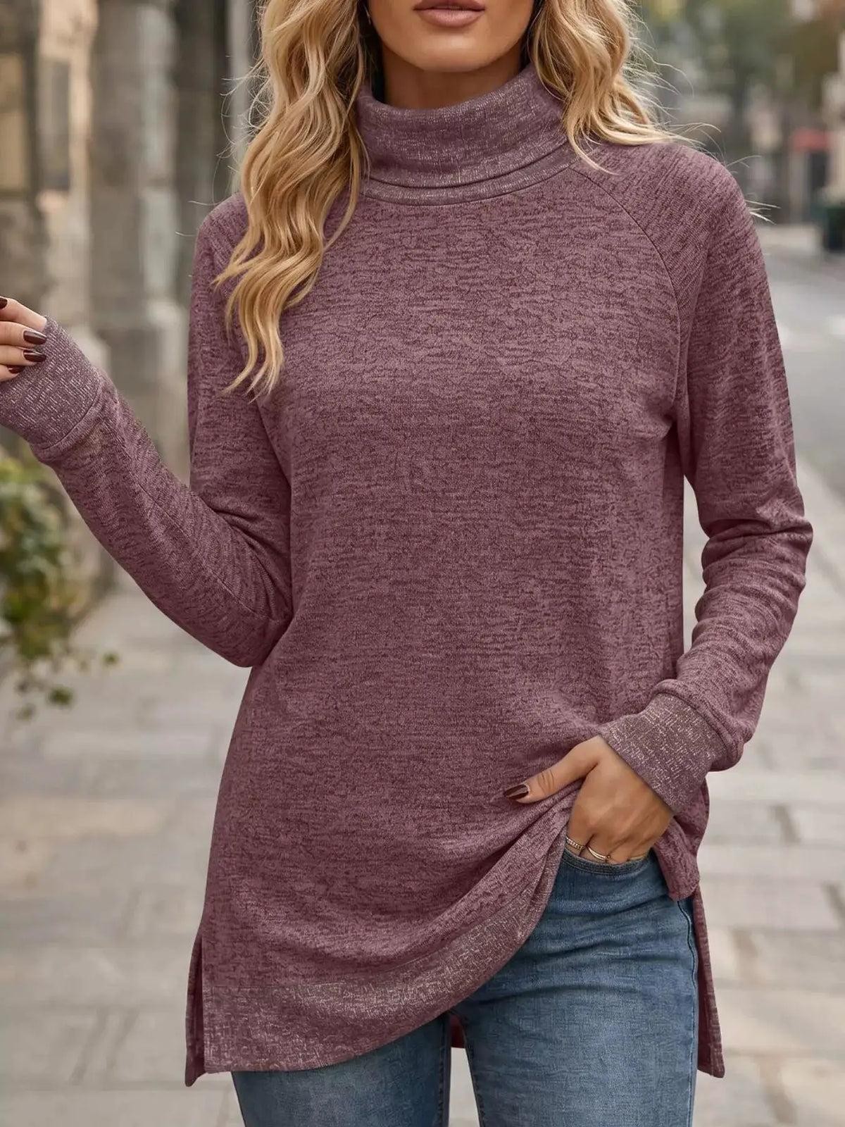 Turtleneck Raglan Sleeve T-Shirt by Trendsi