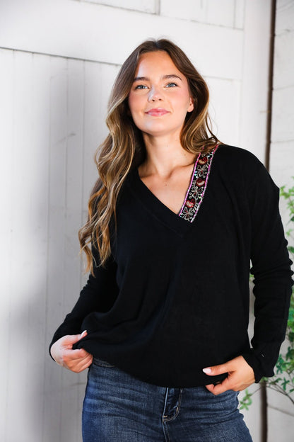 Twilight Charms Beaded V Neck Sweater - Bitsy Gypsy Boutique