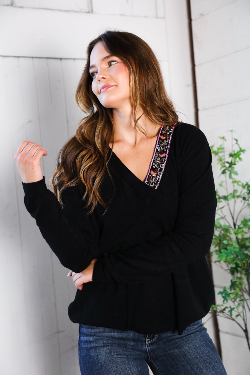 Twilight Charms Beaded V Neck Sweater - Bitsy Gypsy Boutique