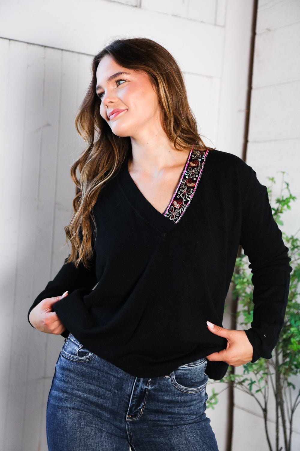 Twilight Charms Beaded V Neck Sweater - Bitsy Gypsy Boutique