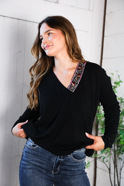 Twilight Charms Beaded V Neck Sweater - Bitsy Gypsy Boutique