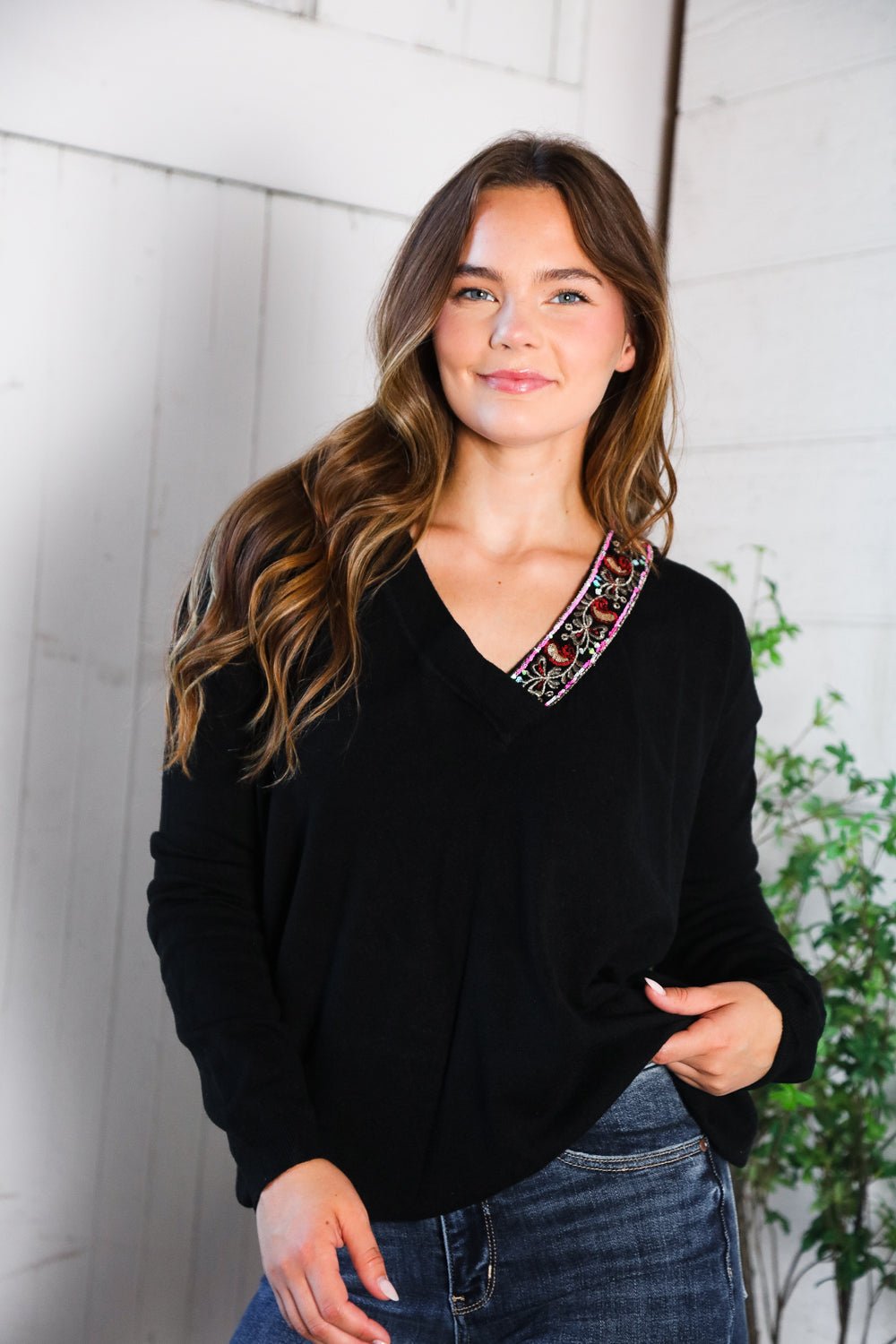 Twilight Charms Beaded V Neck Sweater - Bitsy Gypsy Boutique