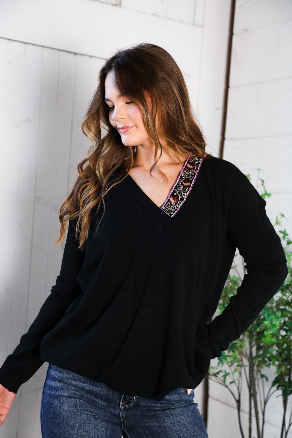 Twilight Charms Beaded V Neck Sweater - Bitsy Gypsy Boutique