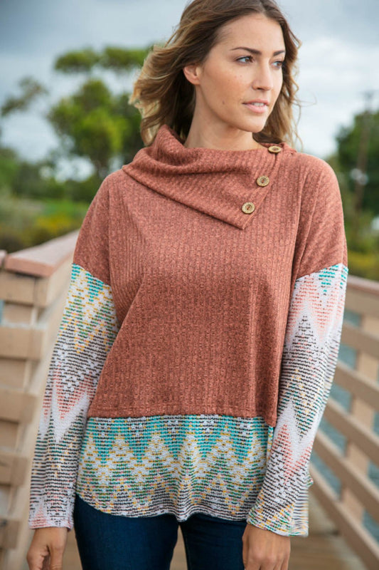 Two Tone Brush Hacci Ethnic Turtleneck Top - Bitsy Gypsy Boutique