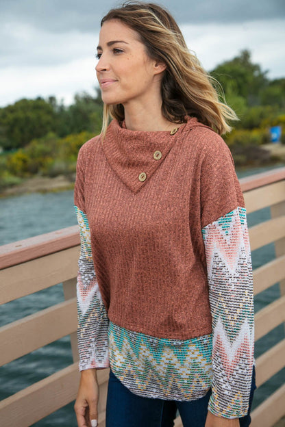 Two Tone Brush Hacci Ethnic Turtleneck Top - Bitsy Gypsy Boutique