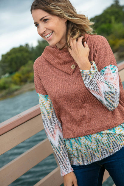 Two Tone Brush Hacci Ethnic Turtleneck Top - Bitsy Gypsy Boutique