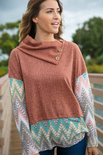 Two Tone Brush Hacci Ethnic Turtleneck Top - Bitsy Gypsy Boutique