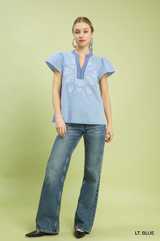 Umgee Abstract Applique Split Neck Top - Bitsy Gypsy Boutique