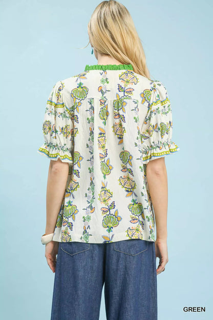 Umgee Abstract Border Print V - Neck Top - Bitsy Gypsy Boutique