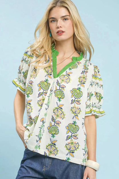 Umgee Abstract Border Print V - Neck Top - Bitsy Gypsy Boutique