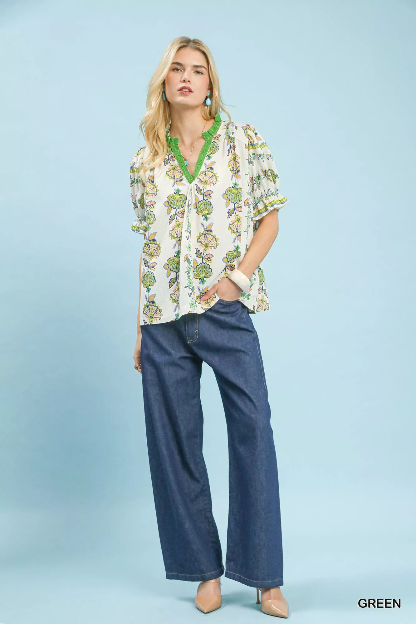 Umgee Abstract Border Print V - Neck Top - Bitsy Gypsy Boutique