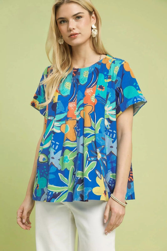 Umgee Abstract Floral Pleated Blouse - Bitsy Gypsy Boutique