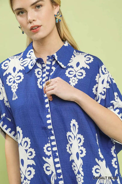 Umgee Abstract Print Button Down Short Sleeve Shirt - Bitsy Gypsy Boutique