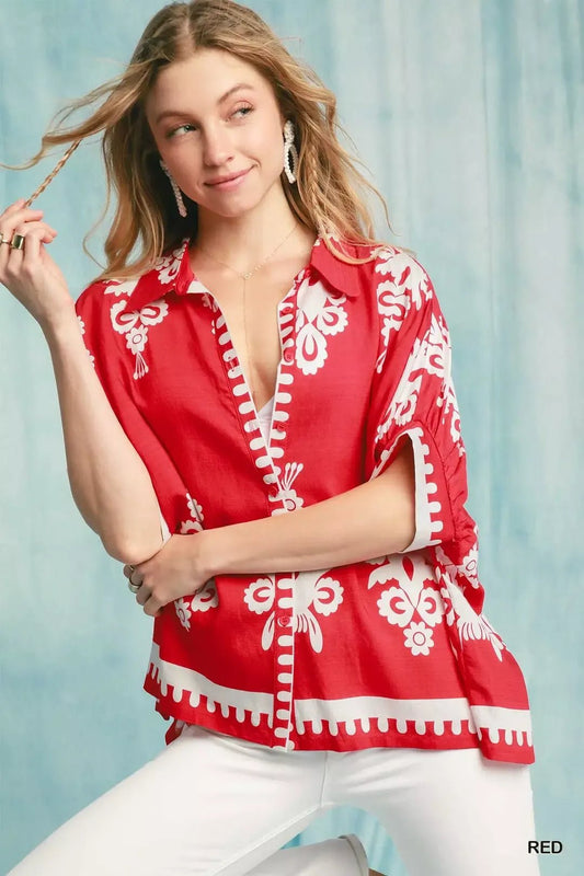 Umgee Abstract Print Button Down Short Sleeve Shirt - Bitsy Gypsy Boutique