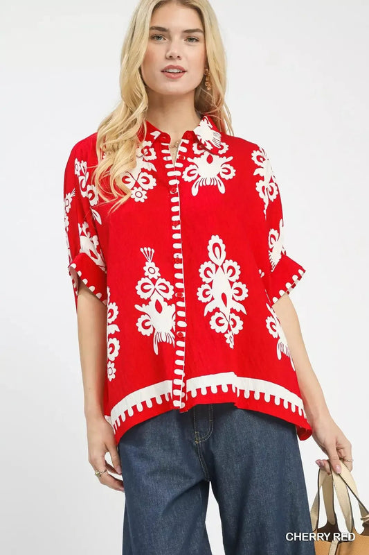 Umgee Abstract Print Button Down Short Sleeve Shirt - Bitsy Gypsy Boutique