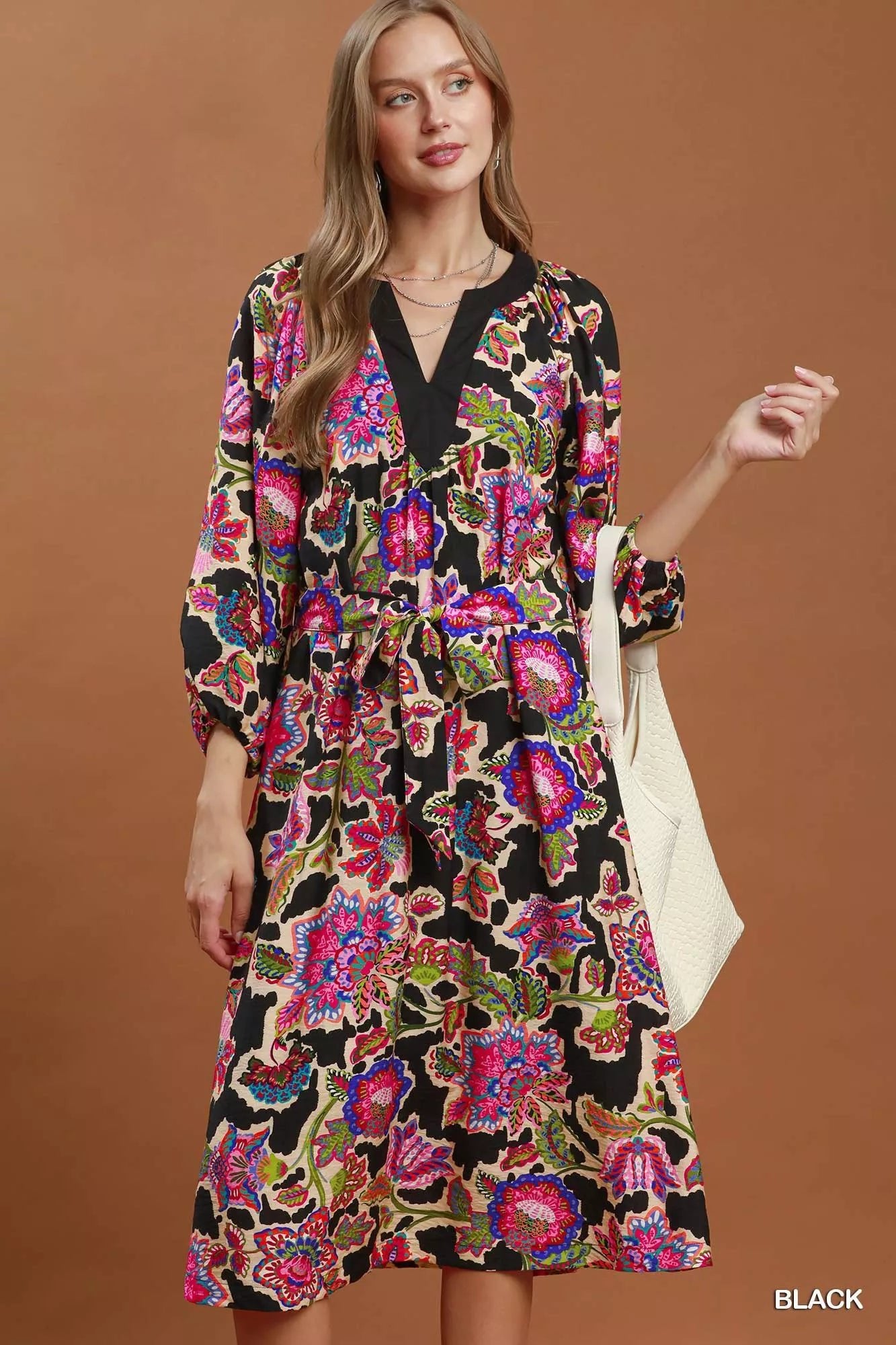 Umgee Abstract Print Embroidered Belted Midi Dress - Bitsy Gypsy Boutique
