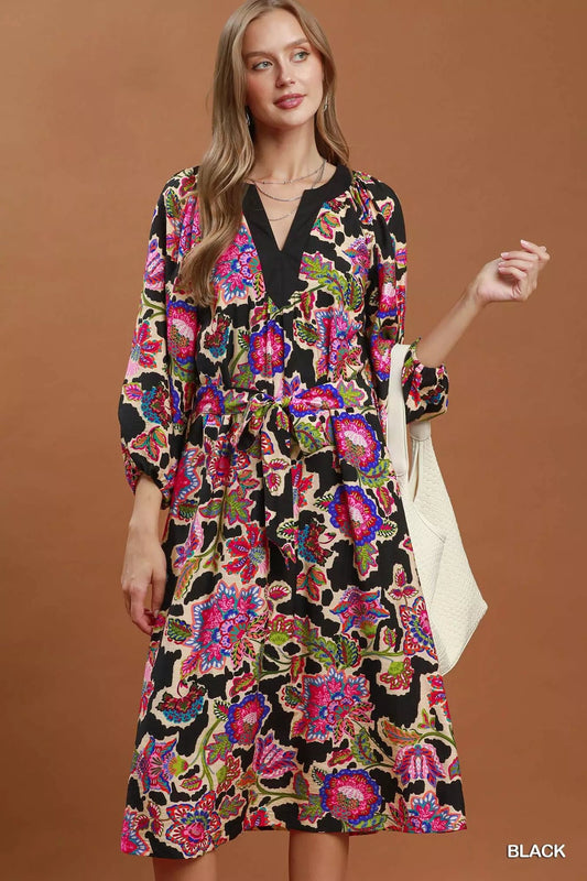Umgee Abstract Print Embroidered Belted Midi Dress - Bitsy Gypsy Boutique