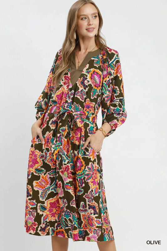 Umgee Abstract Print Embroidered Belted Midi Dress - Bitsy Gypsy Boutique