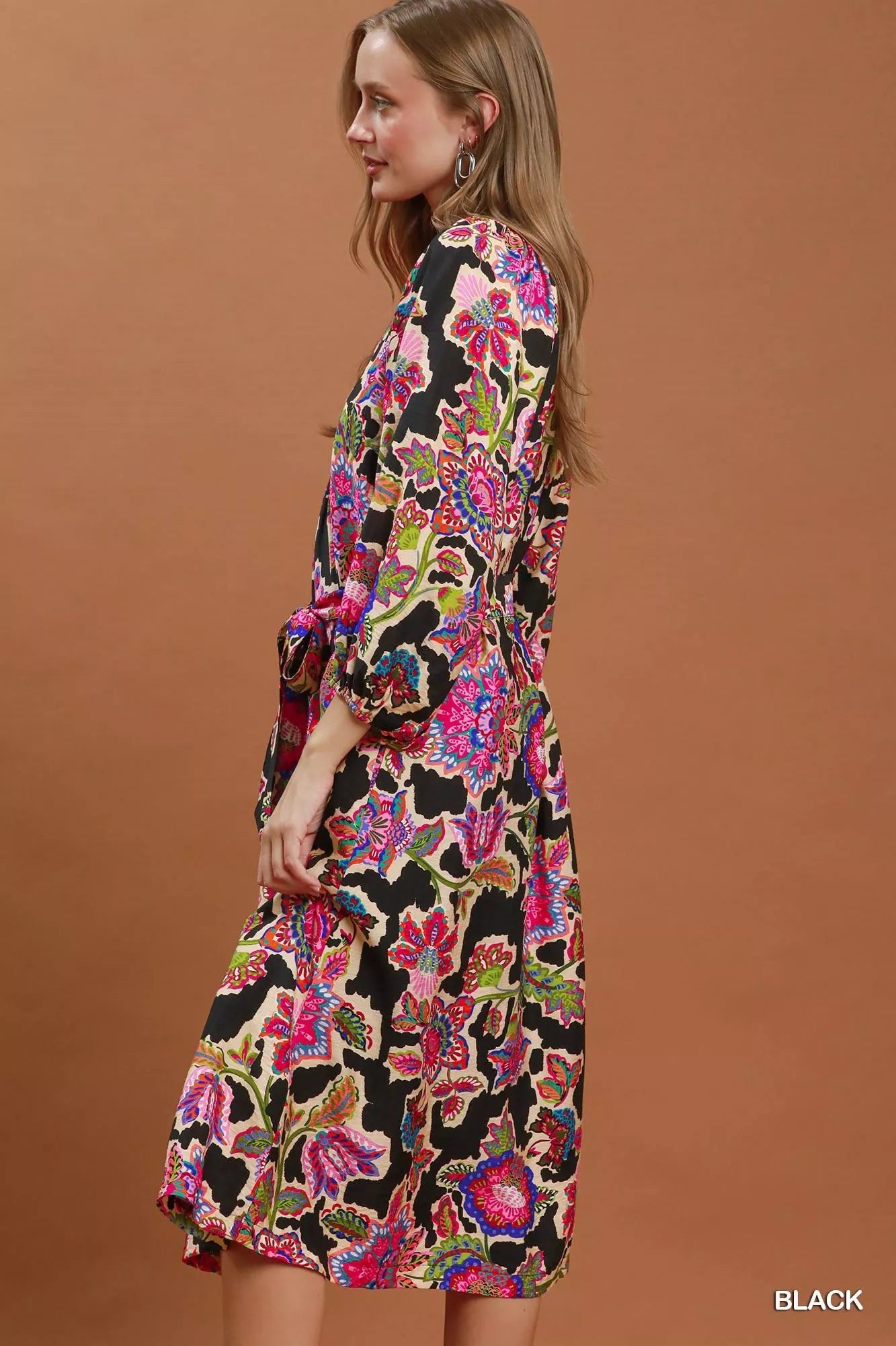Umgee Abstract Print Embroidered Belted Midi Dress - Bitsy Gypsy Boutique