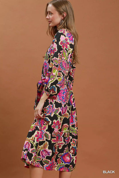 Umgee Abstract Print Embroidered Belted Midi Dress - Bitsy Gypsy Boutique