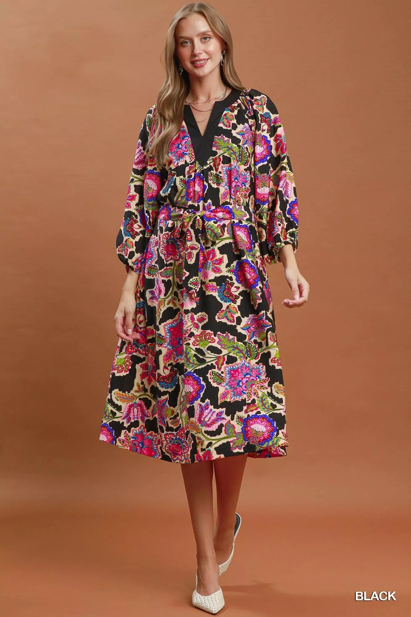 Umgee Abstract Print Embroidered Belted Midi Dress - Bitsy Gypsy Boutique