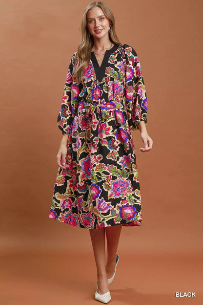 Umgee Abstract Print Embroidered Belted Midi Dress - Bitsy Gypsy Boutique