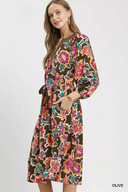 Umgee Abstract Print Embroidered Belted Midi Dress - Bitsy Gypsy Boutique