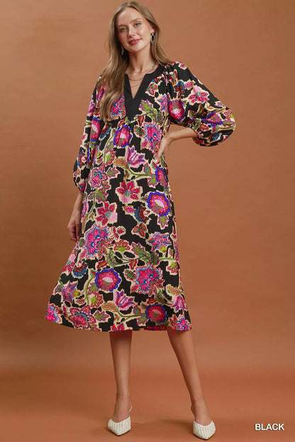 Umgee Abstract Print Embroidered Belted Midi Dress - Bitsy Gypsy Boutique