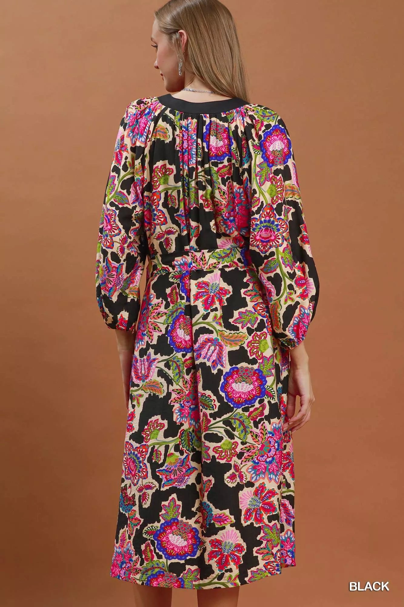Umgee Abstract Print Embroidered Belted Midi Dress - Bitsy Gypsy Boutique