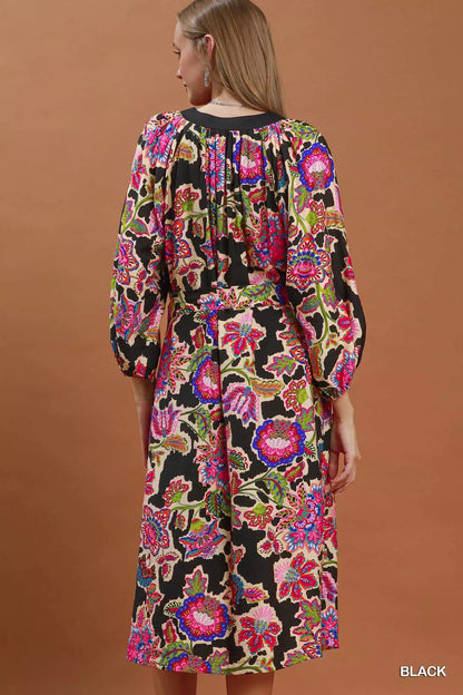 Umgee Abstract Print Embroidered Belted Midi Dress - Bitsy Gypsy Boutique