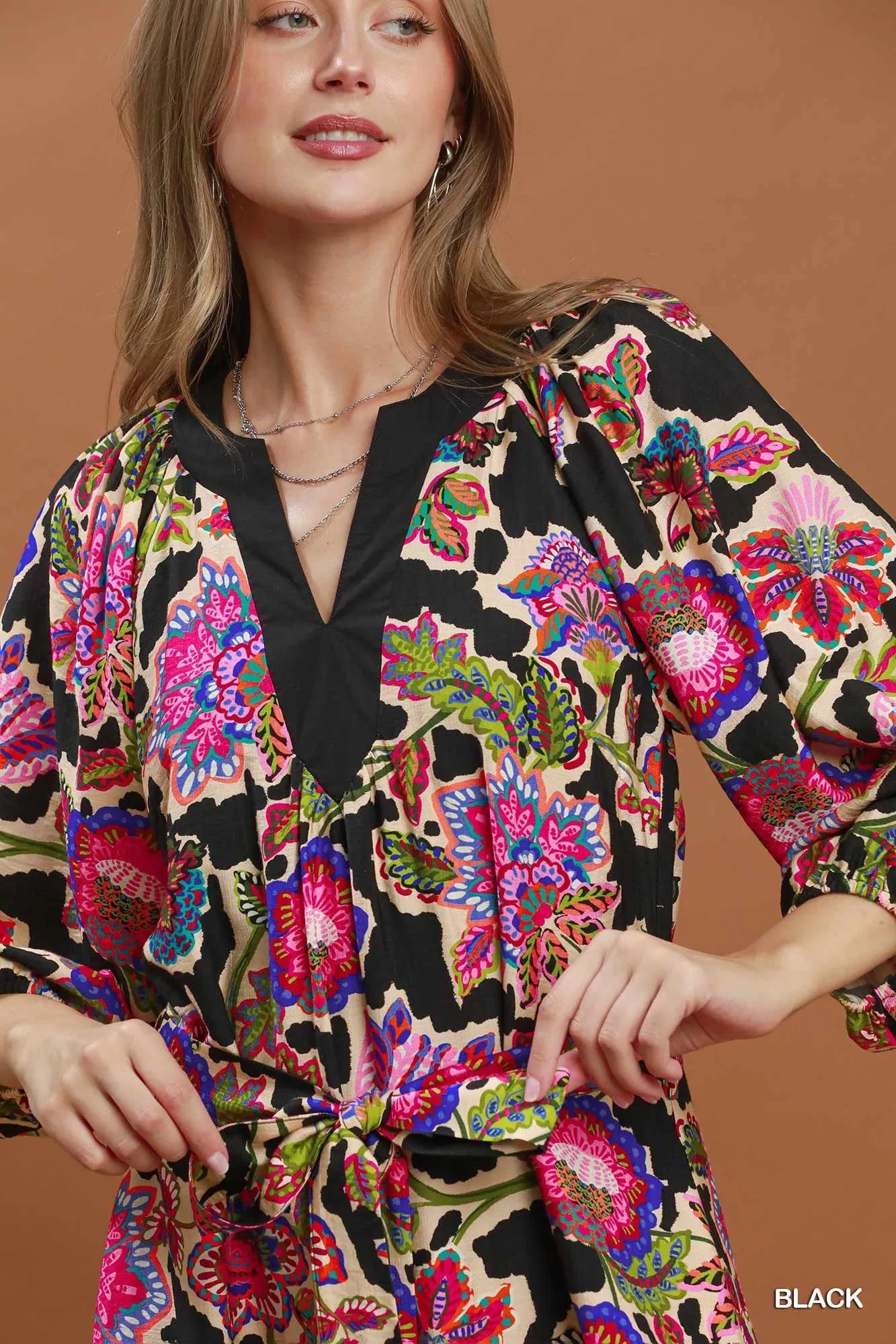 Umgee Abstract Print Embroidered Belted Midi Dress - Bitsy Gypsy Boutique