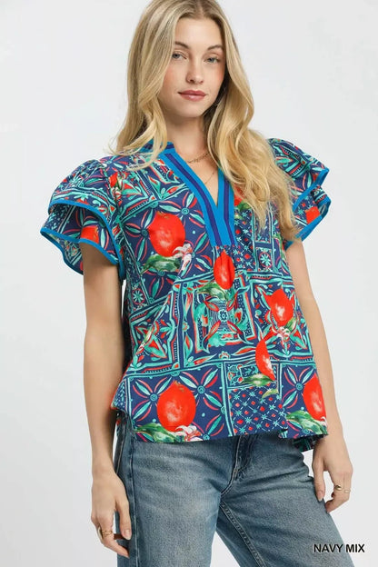 Umgee Abstract Print Flutter Sleeve Blouse - Bitsy Gypsy Boutique