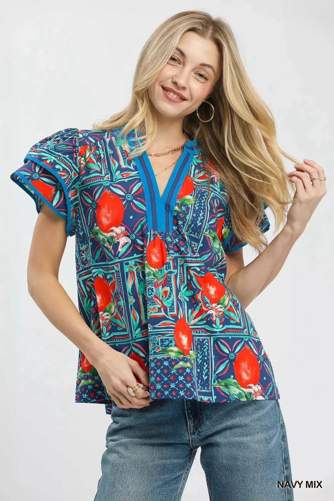 Umgee Abstract Print Flutter Sleeve Blouse - Bitsy Gypsy Boutique