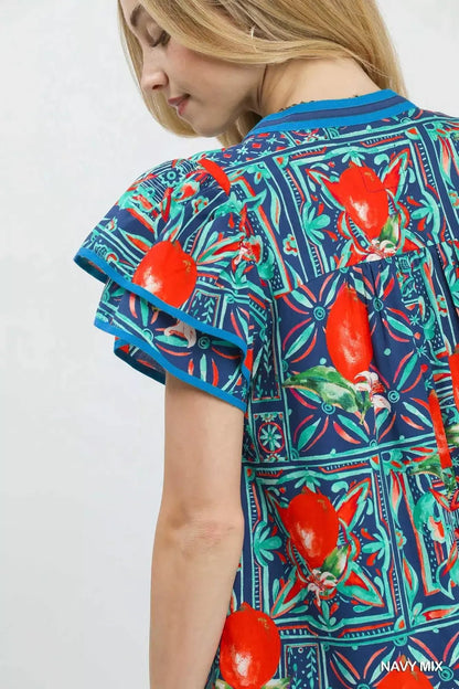 Umgee Abstract Print Flutter Sleeve Blouse - Bitsy Gypsy Boutique