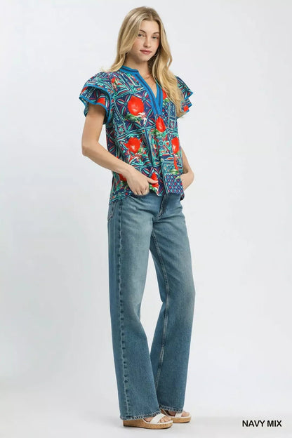 Umgee Abstract Print Flutter Sleeve Blouse - Bitsy Gypsy Boutique