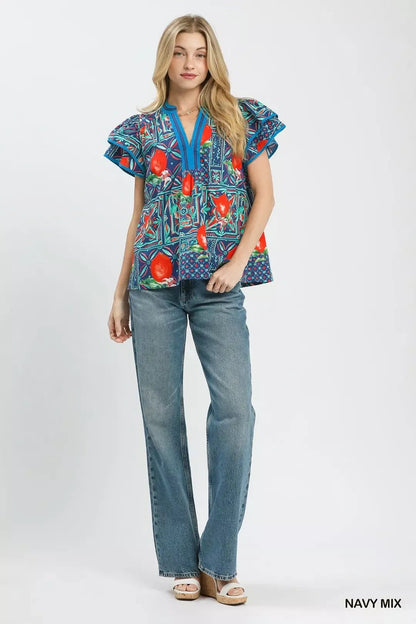 Umgee Abstract Print Flutter Sleeve Blouse - Bitsy Gypsy Boutique