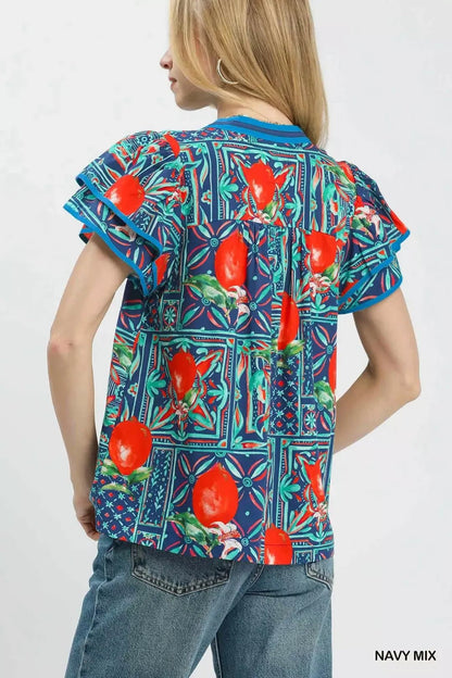Umgee Abstract Print Flutter Sleeve Blouse - Bitsy Gypsy Boutique