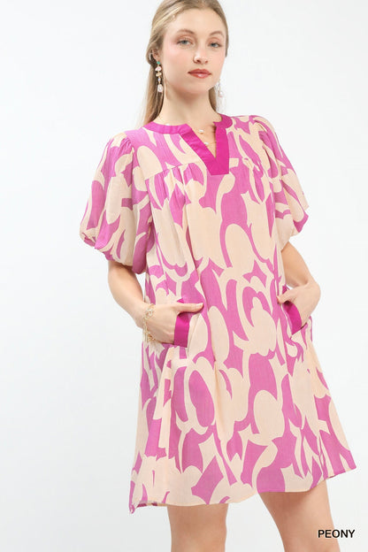 Umgee Abstract Print Puff Sleeve Shift Dress - Bitsy Gypsy Boutique