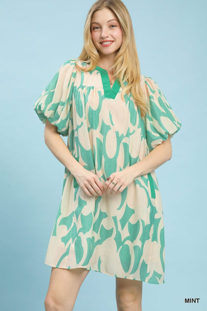 Umgee Abstract Print Puff Sleeve Shift Dress - Bitsy Gypsy Boutique