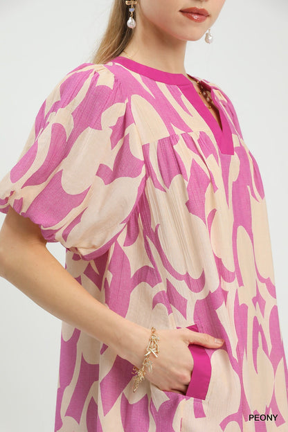 Umgee Abstract Print Puff Sleeve Shift Dress - Bitsy Gypsy Boutique