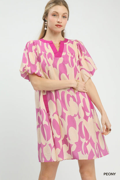 Umgee Abstract Print Puff Sleeve Shift Dress - Bitsy Gypsy Boutique