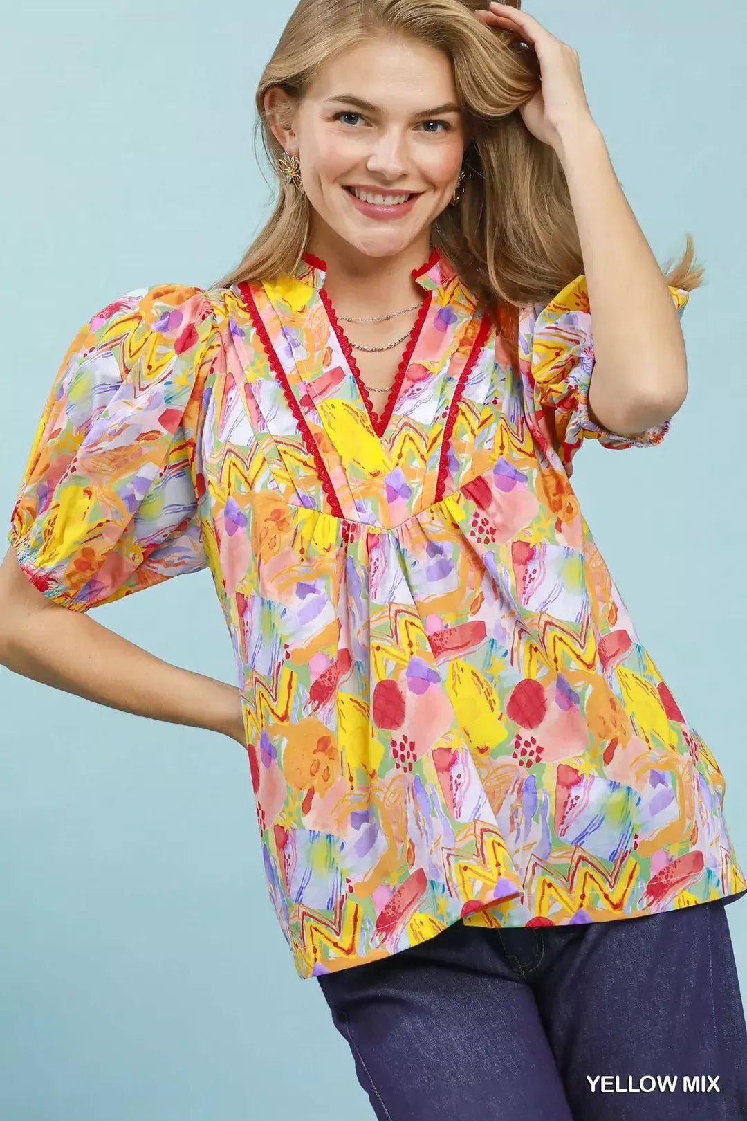 Umgee Abstract Print Puff Sleeve Top - Bitsy Gypsy Boutique